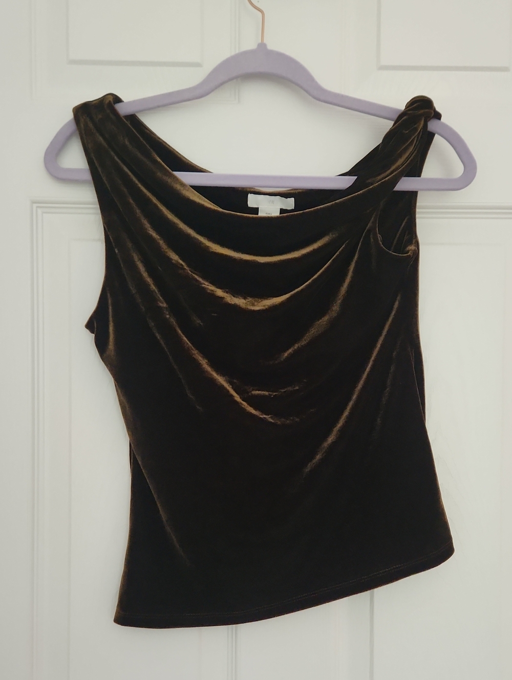 City Chic Quiet Luxury H&M Velvet Draped Off Shoulder Olive Brown Top